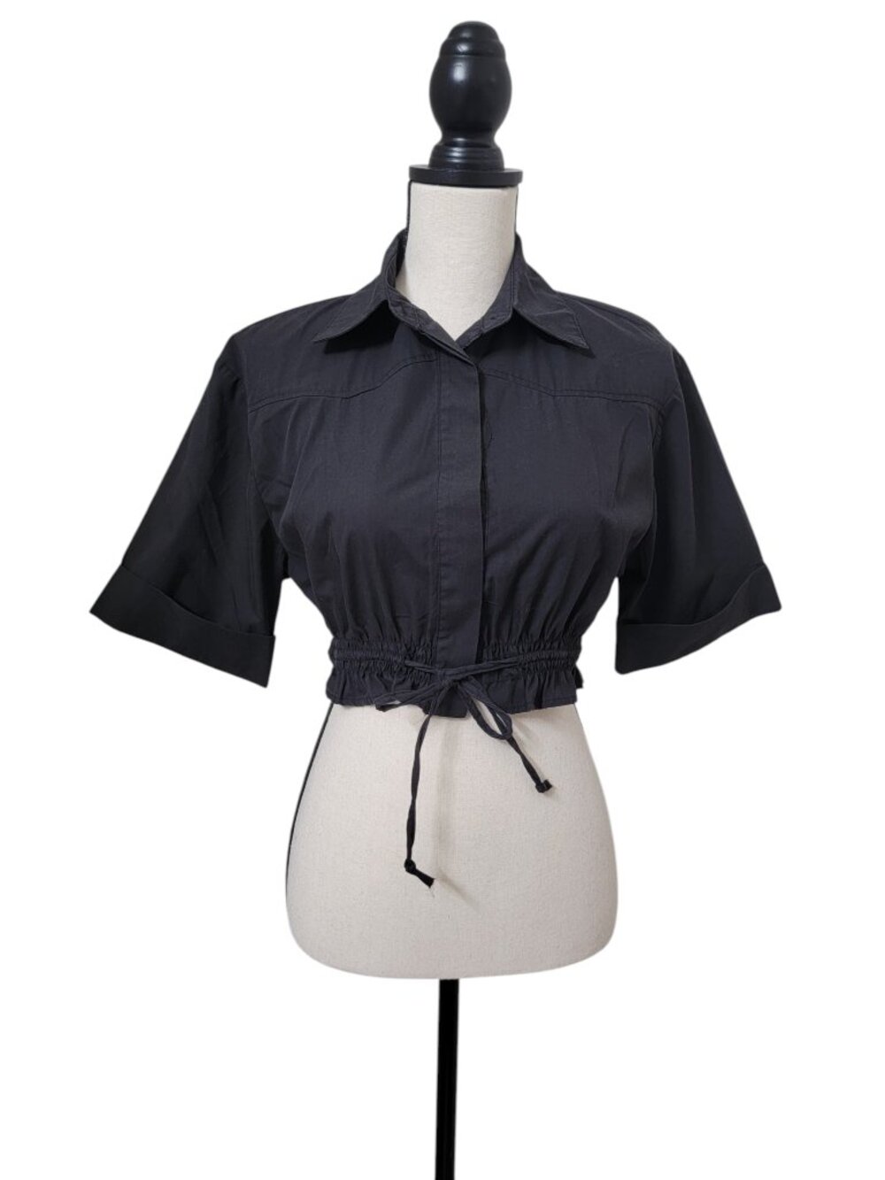 Miss Selfie Size S Black Cropped Shirt, Concealed Button Front, Drawstring Waist